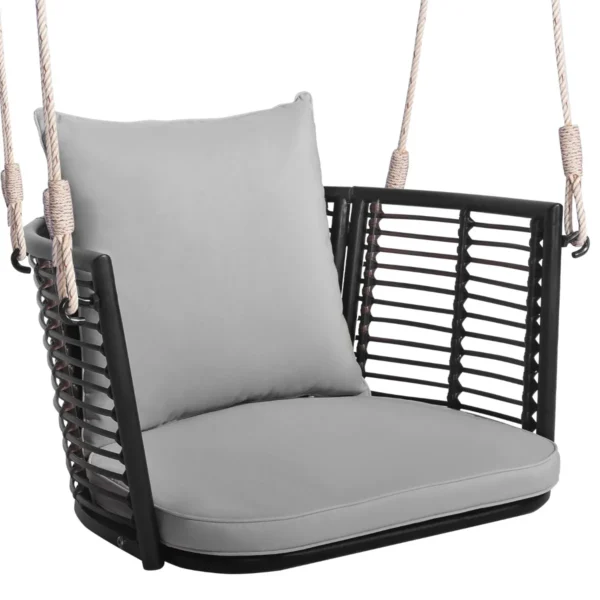 1-Zits Metalen Veranda Schommel Geweven Rotan Rugleuning 2 Stevige Ophangkoorden Zit- En Rugkussens Inbegrepen Grijs