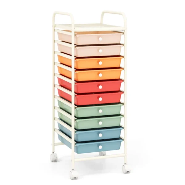10 Laden Rollende Opbergwagen Metalen Opbergwagen Servicewagen Met 360 ° Roterende Wielen En PP-Laden-Kleurrijk