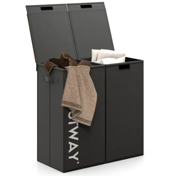 105 L Wasmand Met Deksel 2 Vakken Wasbox Met Handgrepen Wasmand Met 2 Uitneembare Waszakken 62 X 31 X 60 Cm Zwart