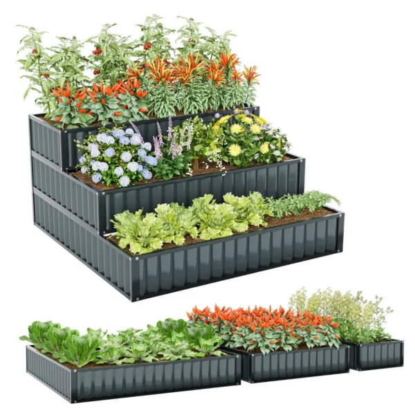 118 X 118 X 61 Cm Stevige Metalen Verhoogde Plantenbak Met 3 Niveaus Tuinbed Met Open Bodem Voor Het Kweken Van Groenten Fruit