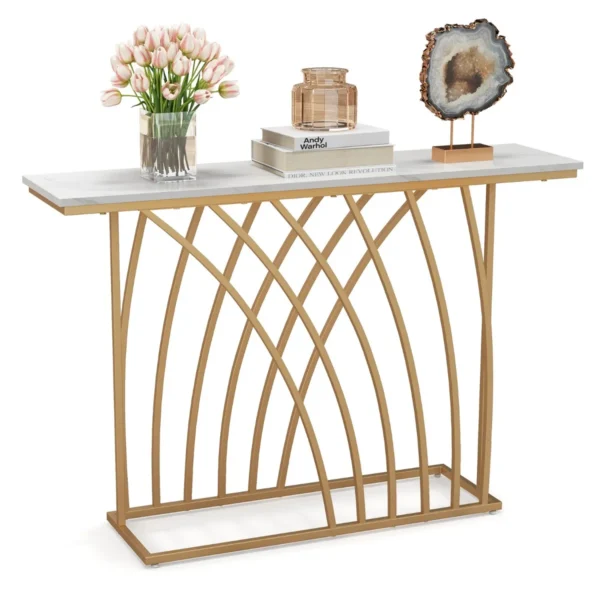120 Cm Lange Gouden Consoletafel Moderne Entreetafel Met Wit Kunstmarmeren Blad En Geometrische Basis Slanke Lange Banktafel
