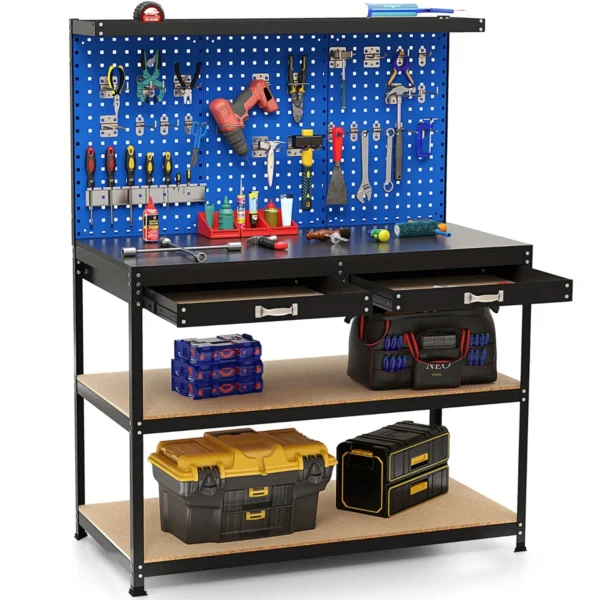 121 X 61 Cm 230 Kg Stevige Metalen Werktafel Met 3 Geperforeerde Panelen 24 Ophangaccessoires Voor Thuis Garage Werkplaats-Donkerblauw