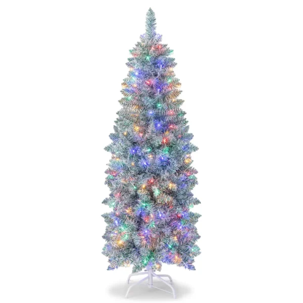 150 Cm Verlichte Kunstkerstboom Scharnierende Feestboom Met 343 Takuiteinden 190 Meerkleurige LED-Lampjes Slanke Kerstboom