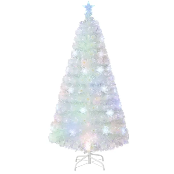 150 Cm Voorgesneden Glasvezel Kerstboom Witte Kunstkerstboom Met Iriserende Bladeren Veelkleurige Sneeuwvlok LED-Verlichting Topsterlicht
