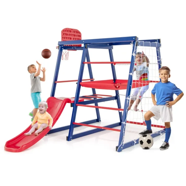 150 X 142 X 146 Cm 7-in-1 Binnenspeeltuin Voor Kinderen Klimspeelgoedset Met Glijbaan Klimnet Klimladder Touwladder Basketbalring