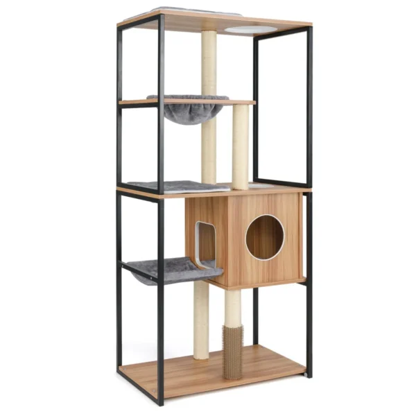 160 Cm Hoge Moderne Indoor Kattentoren Metalen Frame Gewatteerde Zitstok Grote Platforms Hangmat Krabpalen 75 X 45 X 160 Cm