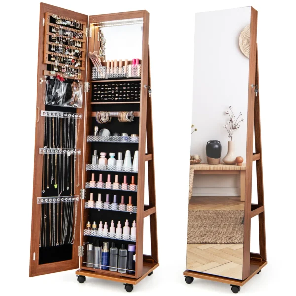 163 Cm Afsluitbare Juwelenkast Geïntegreerde Make-Upspiegel 3-Kleurige LED-Verlichting Verstelbare Legplanken Universele Wielen-Bruin