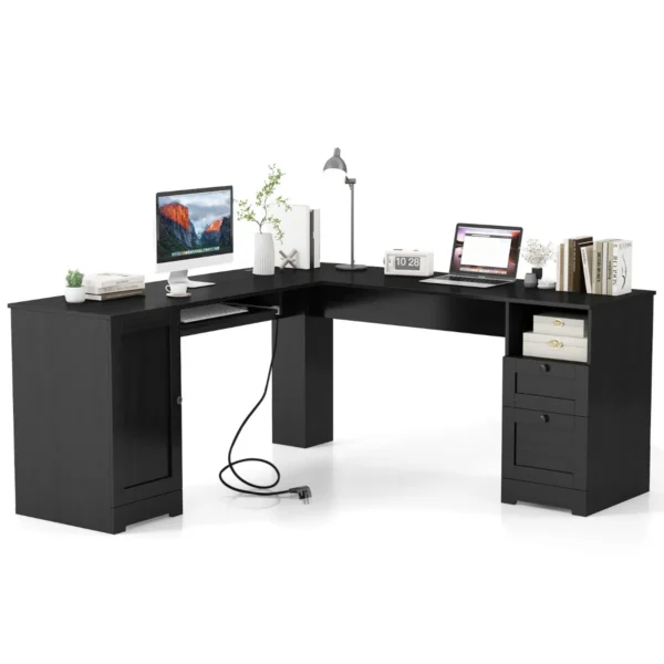 168cm L-Vormig Computerbureau Met Stopcontacten Modern Bureau Met 2 Opberglades Kast Verstelbare Plank En Toetsenbordlade
