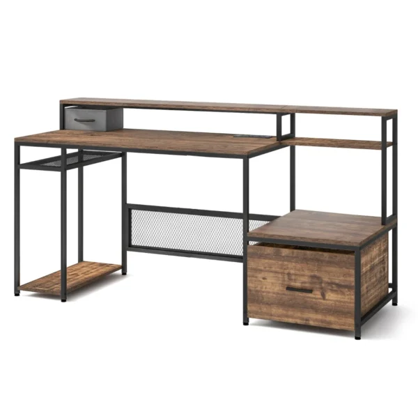 170 Cm Computerbureau Met Monitorstandaard En Dossierlade Bureau Voor Thuiskantoor Bruin