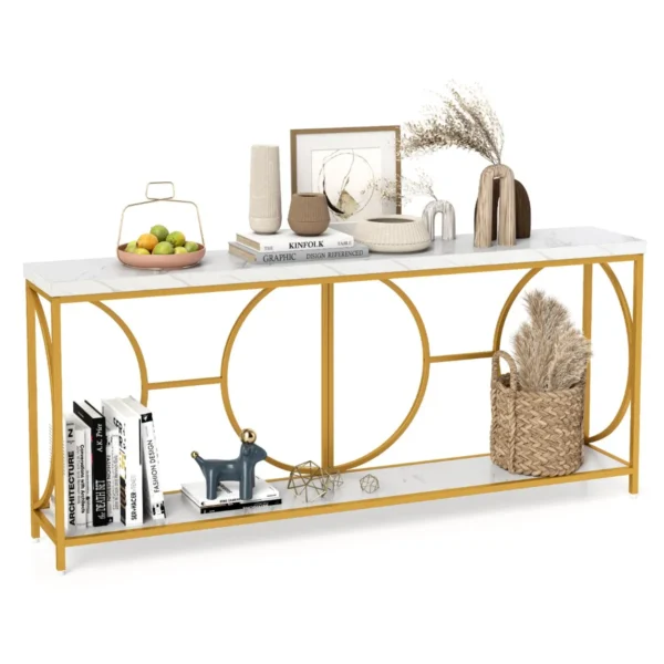180 Cm Consoletafel Marmerlook Salontafel Met Geometrisch Metalen Frame Bijzettafel Goud + Wit Voor Woonkamer Hal Ingang