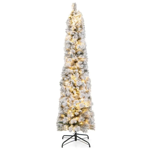 180 Cm Potlood-Kerstboom Met Sneeuw Kunstkerstboom Met Verlichting 150 Leds In Warmwit Smalle Kerstboom Kunstboom Van PVC Wit