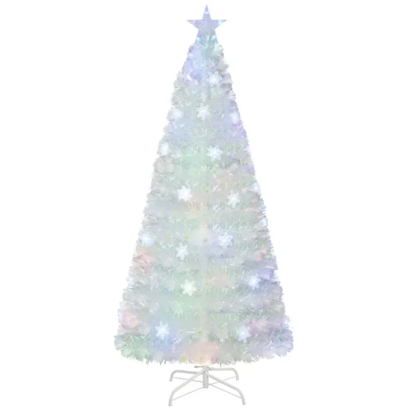 180 Cm Voorgesneden Glasvezel Kerstboom Witte Kunstkerstboom Met Iriserende Bladeren Veelkleurige Sneeuwvlok LED-Verlichting Topsterlicht