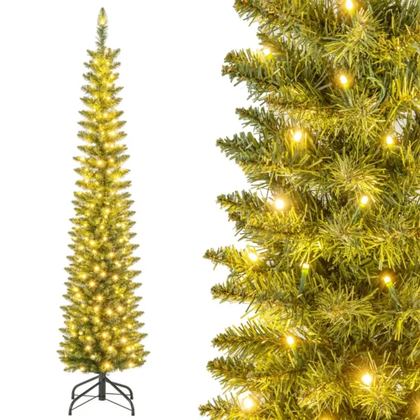 180 Kunstkerstboom Voorverlichte Kerstboom 390/499 Takken 180/200 Warmwitte LED-Lampjes Potloodvormige Boom Groen