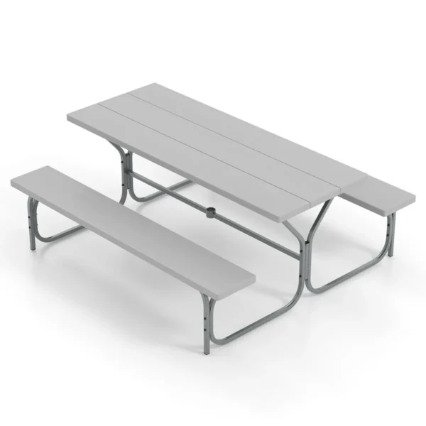 183 Cm Picknicktafel En Bank Set Buiten Tafel En 2 Banken Voor 8 Personen Weerbestendig Blad Gat Voor Parasol Voor Terras Tuin Grijs