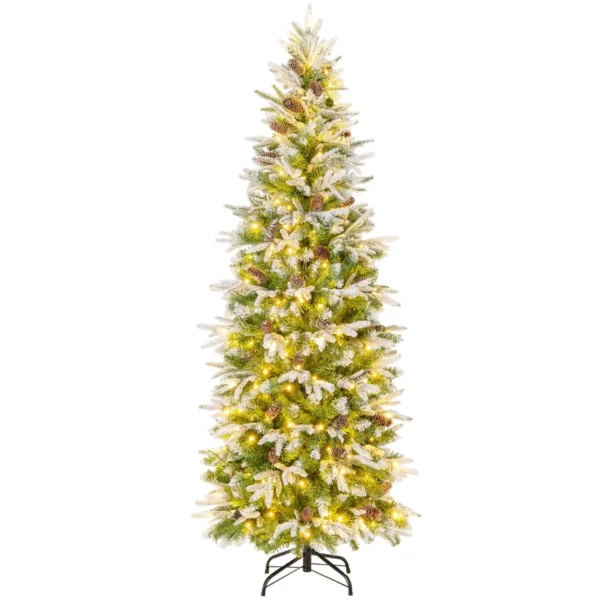 190 Cm Kunstkerstboom Scharnierende Kerstboom Gevlokt Met Sneeuw 671 Spikes 60 Dennenappels 280 Warm Witte LED-Lampjes