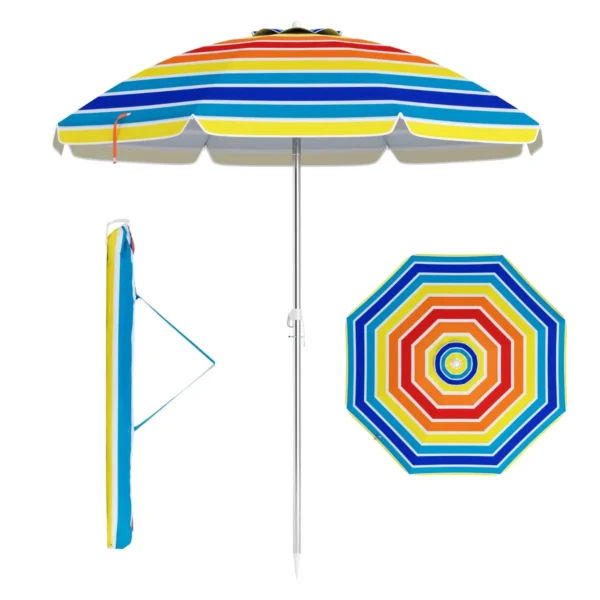 198 Cm Strandparaplu Met Zandanker Patio Paraplu Met Drukknop Kantel & UPF 50 + Bescherming Draagbare Parasol Met Draagtas Multicolor