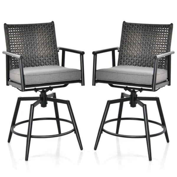 2 Barstoelen 360° Draaibaar Metalen Frame Dubbellaagse Rotan Rugleuning Verwijderbaar Kussen Voor Terras Veranda Zwart