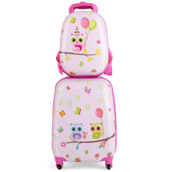 2-Delige Kinderkoffer + Rugzak Kindertrolley Van Kunststof Kinderbagage Kinderkofferset 12"+16" Kinderkoffer Roze Vogeltjes