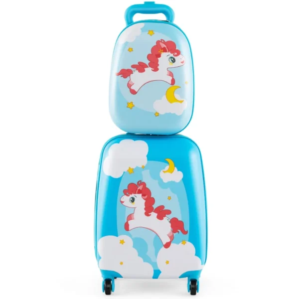 2-Delige Kinderkoffer + Rugzak Kindertrolley Van Kunststof Kinderbagage Kinderkofferset 46,5cm + 31cm Kinderkoffer Blauw + Oranje