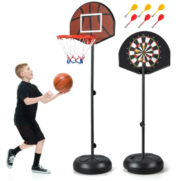 2-In-1 Basketbalring Verstelbare Hoogte 130-180 Cm Met Dartbord Dubbelzijdig Backboard 6 Darts Binnen/Buiten Voor Kinderen