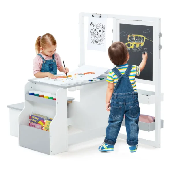 2-In-1 Houten Kinderbureau Met Bankje Dubbelzijdig Verstelbaar Kinderbord Met Papierrol & 5 Krijtjes Magnetische Ezel Grijs+Wit