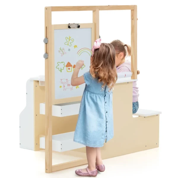 2-In-1 Houten Kinderbureau Met Bankje Dubbelzijdig Verstelbaar Kinderbord Met Papierrol & 5 Krijtjes Magnetische Ezel Wit