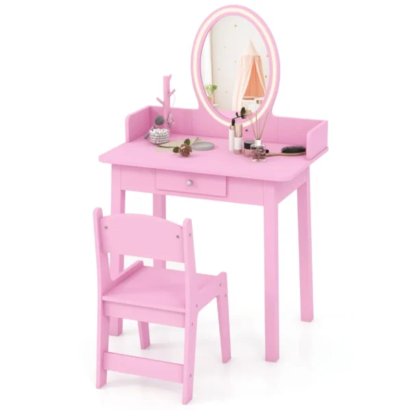 2-In-1 Kindermake-Uptafel Met Kruk Kaptafel Met Verlichting Kaptafel Van Hout Met Lade En Sieradenorganizer Make-Uptafel Prinses (Roze)