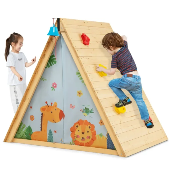 2-in-1 Kinderspeelhuis Met Klimstenen Houten Speelhuis Klimdriehoek 115 X 77 X 100 Cm