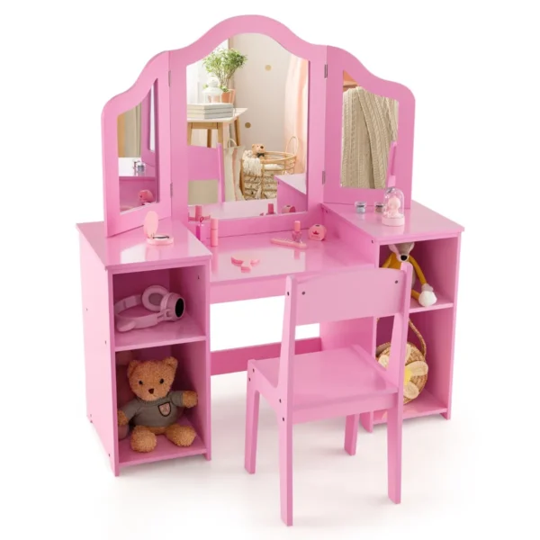 2-In-1 Make-Uptafel Voor Kinderen Bureau Met Stoel En Afneembare Spiegel Kaptafel Voor Meisjes Met Vakken Make-Upcommode (Roze)
