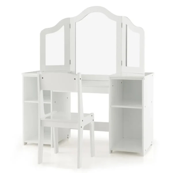 2-In-1 Make-Uptafel Voor Kinderen Bureau Met Stoel En Afneembare Spiegel Kaptafel Voor Meisjes Met Vakken Make-Upcommode (Wit)