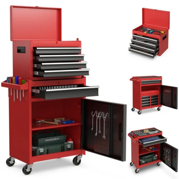 2-In-1 Mobiele Gereedschapswagen Met 8 Schuifladen En Slot En Haken Afneembare Gereedschapskast Metaal Op Wielen (Zwart + Rood)