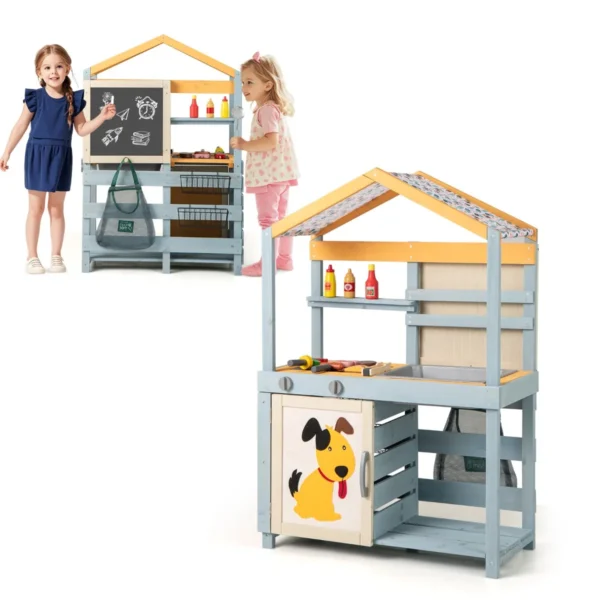 2-in-1 Modderkeuken Voor Kinderen Buiten Houten Kinderkeuken Met Tas & Manden Plank Speelkeuken Met Verwijderbare Gootsteen