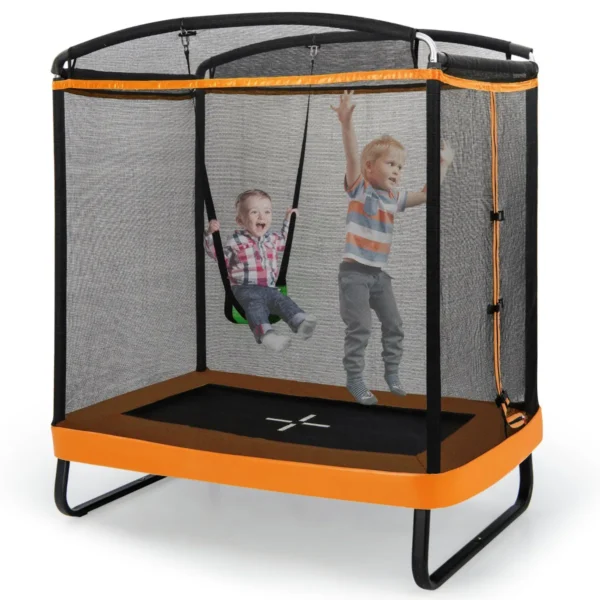 2 In 1 Rechthoekige Kindertrampoline Voor Buiten (190x122cm) Met Afneembare Schommel Tuintrampoline Met Veiligheidsnet Oranje