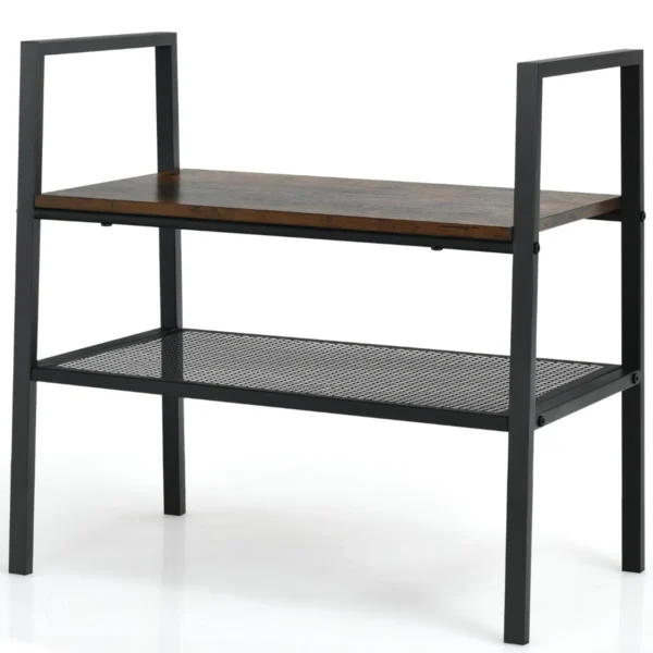 2-Laags Opbergplank Stapelbare Schoenenrek Houder Houten & Metalen Gaas Plank Compacte Opbergrek Organisator Rek Bruin+Zwart