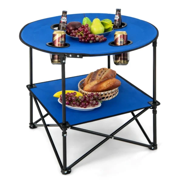 2-Laags Opvouwbare Kampeertafel Met Draagtas En 4 Bekerhouders Voor BBQ En Kamperen 72 X 59 Cm