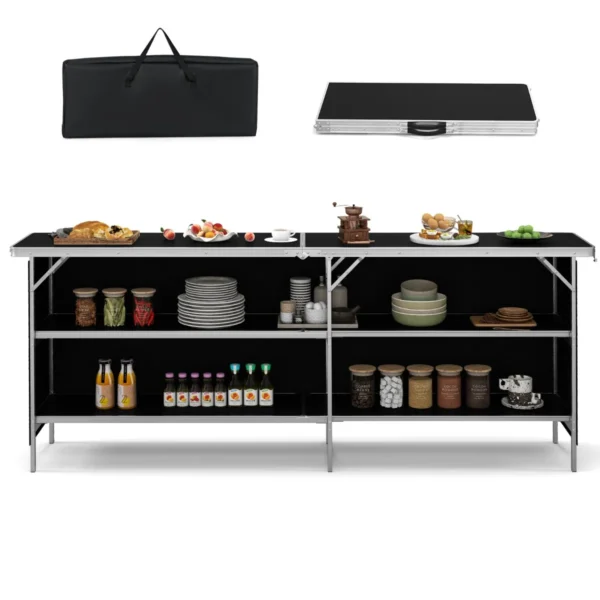 2-Laags Opvouwbare Kampeertafel Picknicktafel Van Aluminium Met Ruim Blad Draagtas Totale Belasting 120 Kg 206 X 38 X 83 Cm