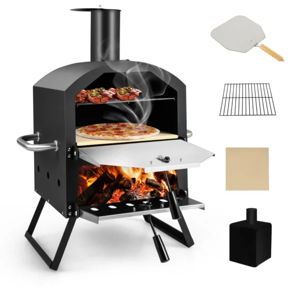 2-Laags Pizzaoven Voor Buiten Verwijderbare Middenplank Draagbare Stalen Pizzaoven Met Pizzasteen Grill Ovenschil Voor Picknickfeestjes
