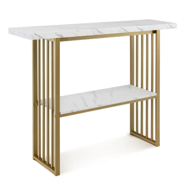 2 Niveau Marmerlook Console Tafel 120 X 29,5 X 92,5 Cm Wit & Goudkleurig