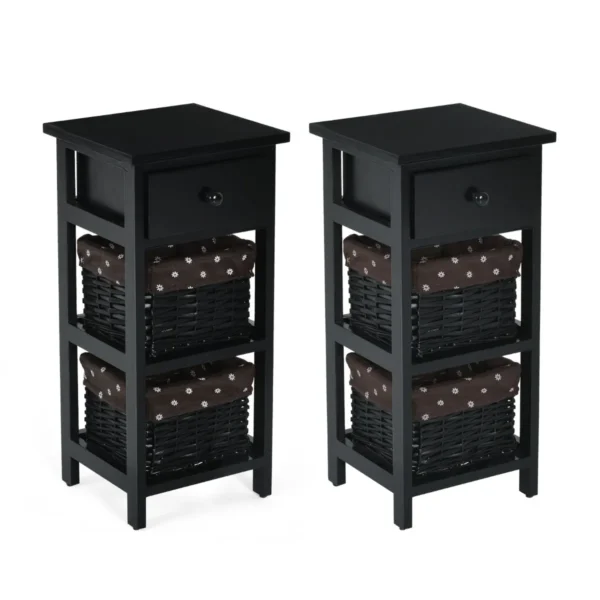 (2 Stuks) Nachtkastje Met Lade En 2 Opbergmanden Bijzettafel Rieten Dressoir Mand Commode Ladeblok Zwart