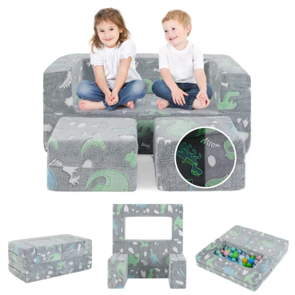 2-Zits Speelbank Voor Kinderen Glow-in-the-Dark Modulaire Bank 3-in-1 Opvouwbare Bank-Machinewasbare Molton Hoes-Grijs
