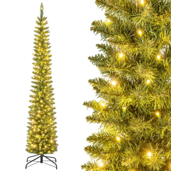 210 Cm Kunstkerstboom Voorverlichte Kerstboom 390/499 Takken 180/200 Warmwitte LED-Lampjes Potloodvormige Boom Groen
