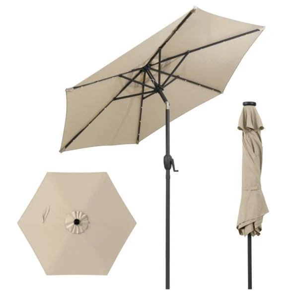 230 Cm Zonnescherm Op Zonne-Energie Voor Terras Stevig Zonnescherm Met LED-Verlichting Kantelknop Zwengel Geventileerd-Beige