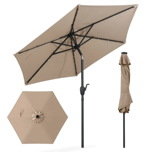 230 Cm Zonnescherm Op Zonne-Energie Voor Terras Stevig Zonnescherm Met LED-Verlichting Kantelknop Zwengel Geventileerd-Bruin