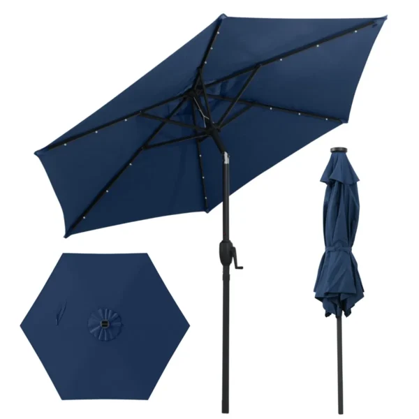 230 Cm Zonnescherm Op Zonne-Energie Voor Terras Stevig Zonnescherm Met LED-Verlichting Kantelknop Zwengel Geventileerd-Donkerblauw