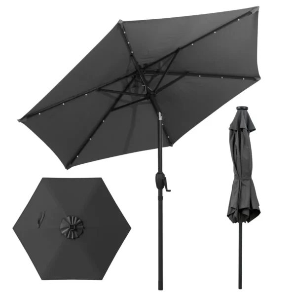 230 Cm Zonnescherm Op Zonne-Energie Voor Terras Stevig Zonnescherm Met LED-Verlichting Kantelknop Zwengel Geventileerd-Grijs