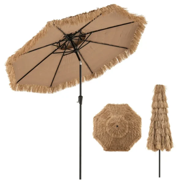 247 Cm Hoge Parasol In Hawaïaanse Stijl Rieten Tiki Terrasparasol Met 8 Stokjes Zwengel & 35° Kanteling Palapa Parasol Voor Strand