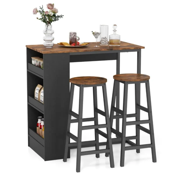 3-Delige Bartafelset Met 3 Opbergplanken En 2 Krukken Ruimtebesparende Keukentafelset Stevig Metalen Frame Bruin + Zwart