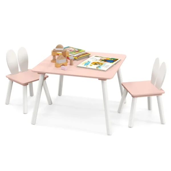 3-Delige Kindertafel En Stoelenset 2 Schattige Konijnenstoelen Massief Houten Poten Multifunctionele Kindermeubelset-Roze