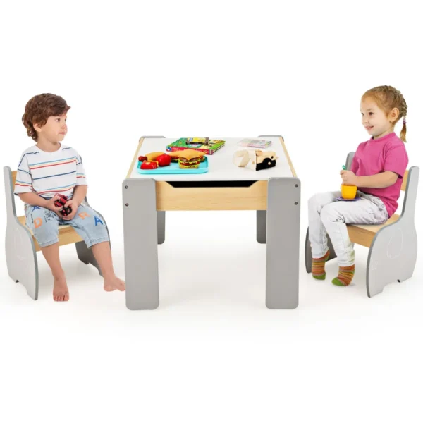 3-Delige Kinderzitgroep Van Hout 4-In-1 Kindertafel Met 2 Stoelen En Afneembaar Bord Kindermeubelset Met Opbergruimte (Grijs)