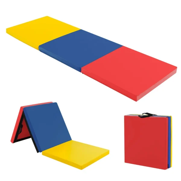 3-Delige Opvouwbare Oefenmat Antislip Gymnastiekmat Lichtgewicht Draagbaar Met 2 Handgrepen 3-Zijdig Klittenband Geel+Blauw+Rood